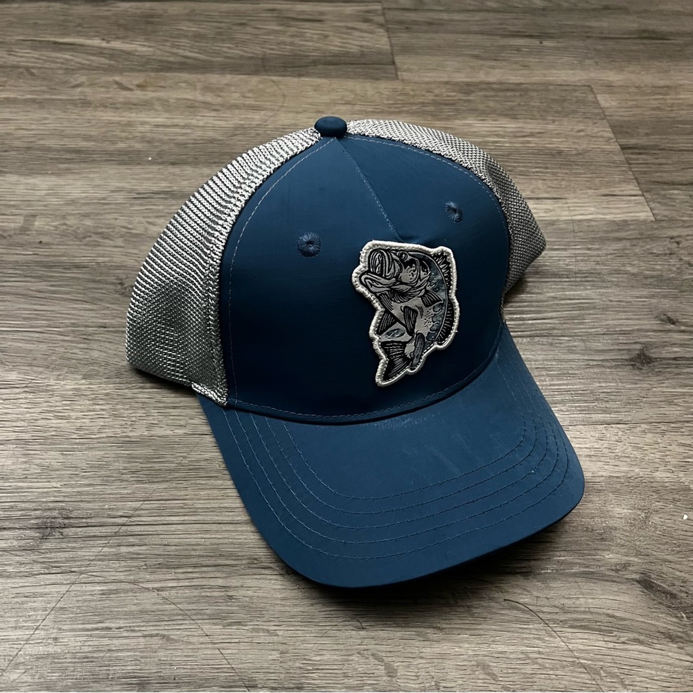 Blue and Gray Trucker Hat with Fish Logo